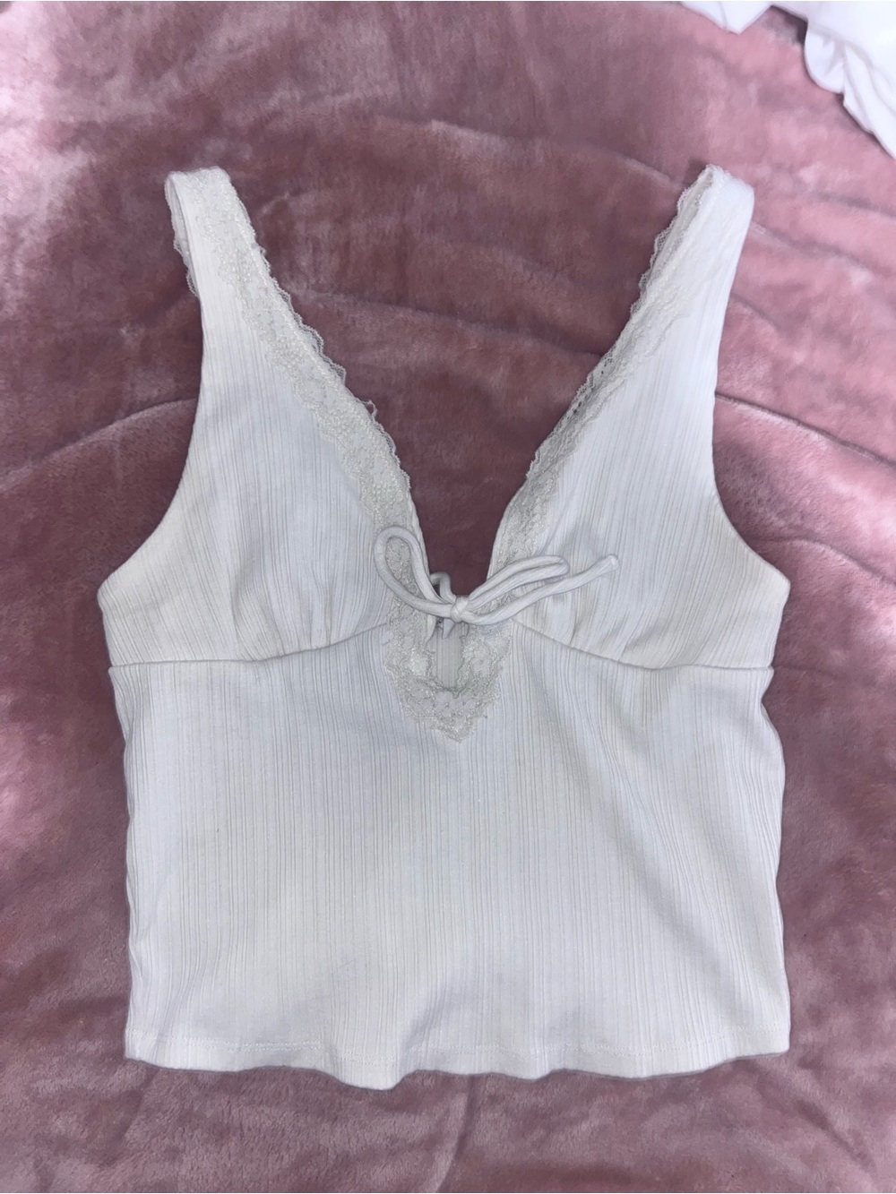 Garage Cream Ribbed Lace-Trim Sleep Tank with Front Tie
